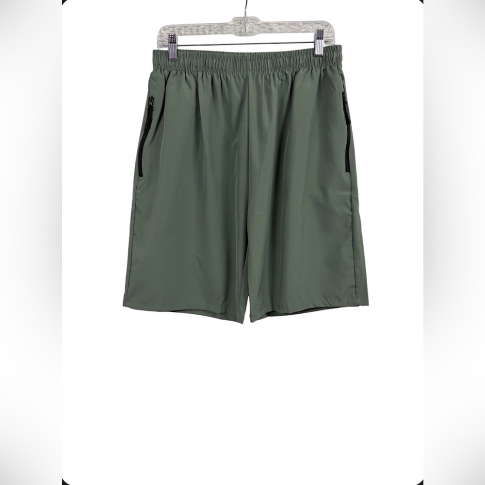 NIP Men's Sage Green Quick-Dry Athletic Shorts - Size Large - Zipper Pockets